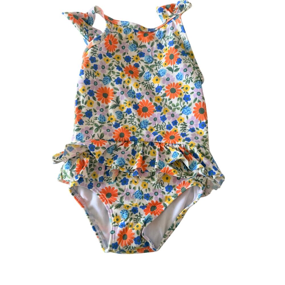 Mini Boden Daisy Print Ruffle Swimsuit - 12-18 Months